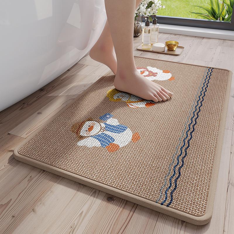 Cartoon Print Linen Bath Mat - Non-Slip Bathroom Rug with Woven Texture, Quick Dry & Machine Washable, Rubber Backing Design