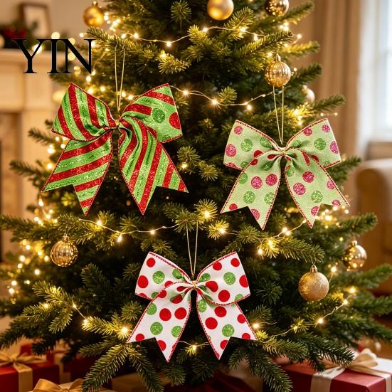 Holiday Tree Embellishments 2Pcs Christmas Polka Dot Bow Decor, European Style Ribbon Ornament for Durable Cloth Bows Crafts Gift Box Wreath, Festive