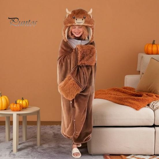 Comfortable Loungewear for Women Halloween Wearable Blanket Hoodie, Cozy Hooded Highland Cow Cape, Soft Festive Winter Throw Plush Sloth Black