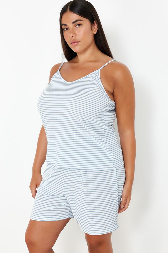 Women's Style Plus Size Pajama Set Black Striped Thin Strap Knitted Pajama Set