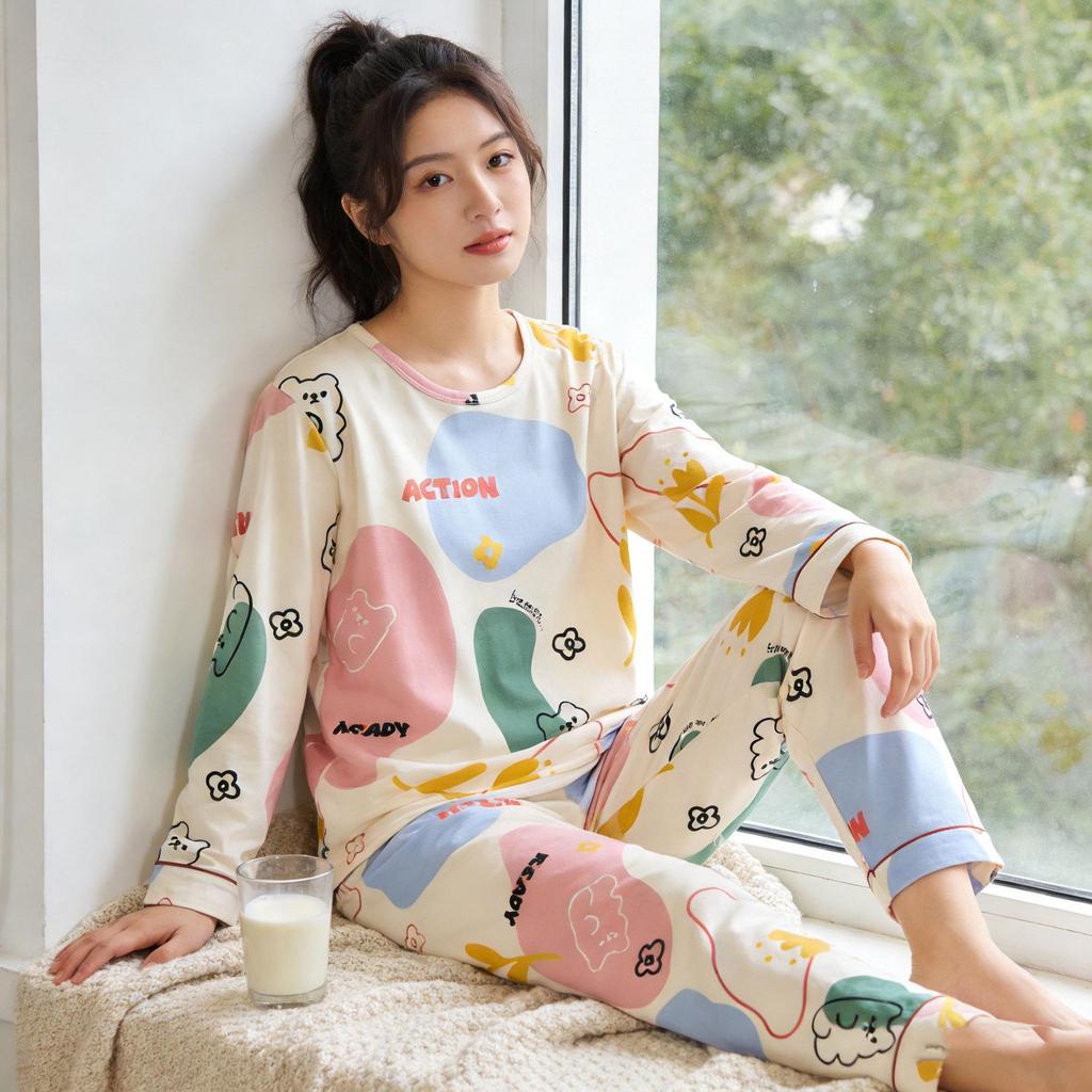 WeChat Herbst/Winter Damen Niedlicher Stil Rundhals Pyjama-Set - Langarm und Hose