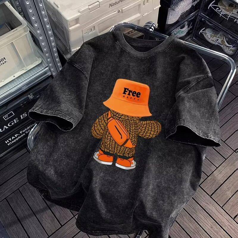 New Cartoon Print Short Sleeve T-Shirt for Men Summer Korean Style Trendy Simple Half Sleeve Top Hong Kong Style Loose Casual Stylish Top