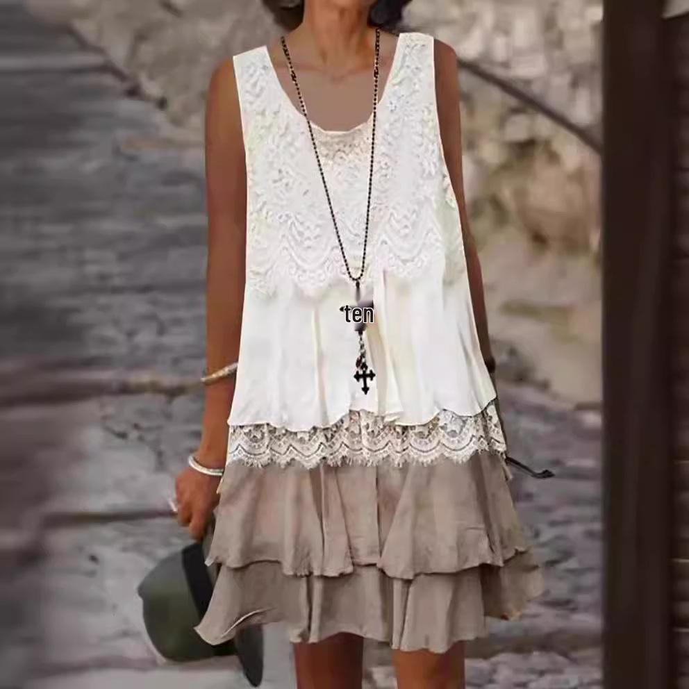2024 Internationales Ärmelloses Damenkleid mit Spitze und Patchwork Q332