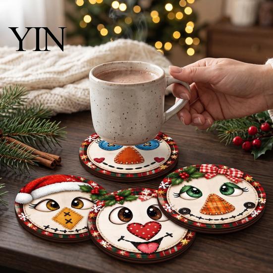 Wooden Coasters for Drinks 4Pcs Christmas Snowman Coasters, Cute Face Drink Cup Party Tableware Mats, Heat Resistant UV Printed Wood Tabletop Holiday
