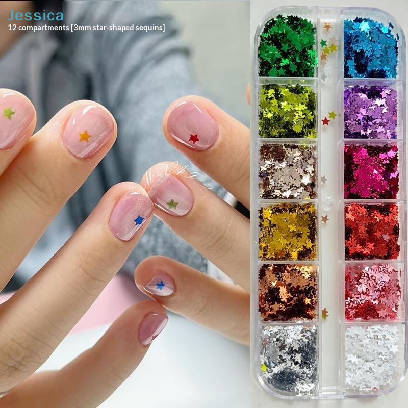 12-Fächer 2mm Sternförmiges Nail Art Glitzer Set | Mehrfarbige Pailletten für Maniküre-Dekor