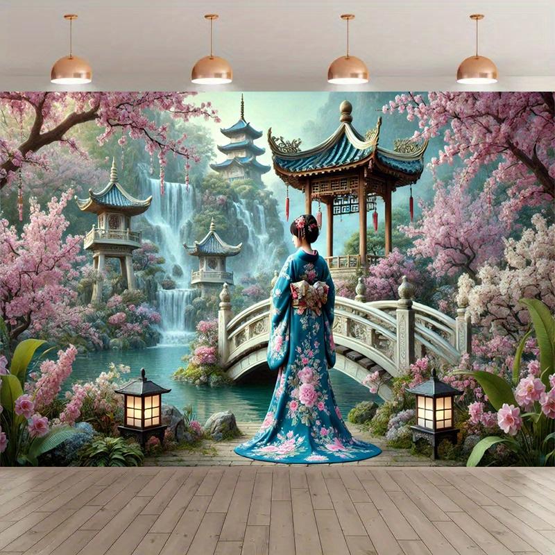 Chinese Garden Sakura Blossom Lady Kimono Tapestry Asian Landscape Waterfall Pagoda Bridge Pink Flowers Spring Scenery WallDecor 74x94cm(29x37in)