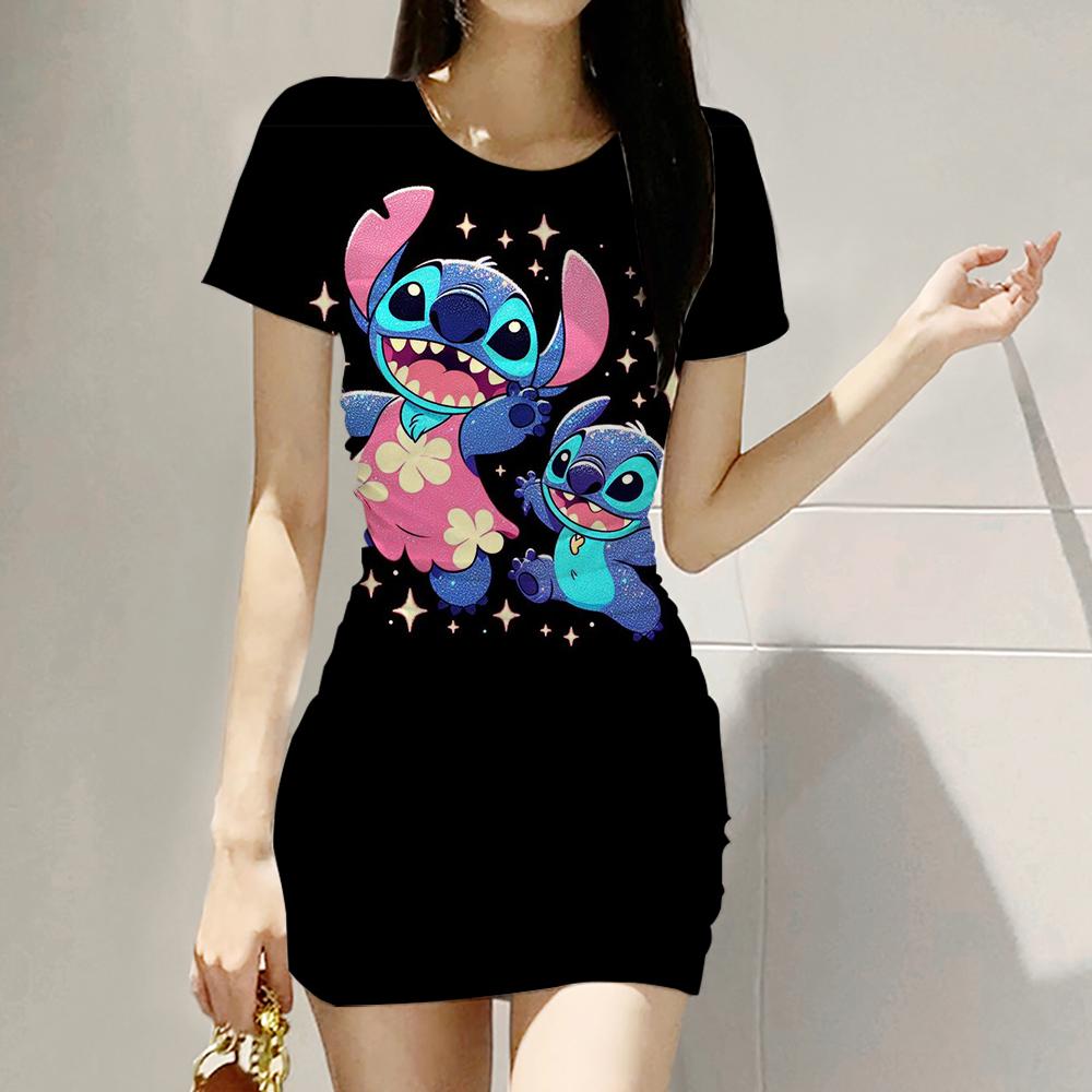 2026 Summer Disney Stitch 3D Cartoon Printed Girl Dress Short Sleeve Women's/Adult Parent-Child Dress Kawaii Beach Party Dress