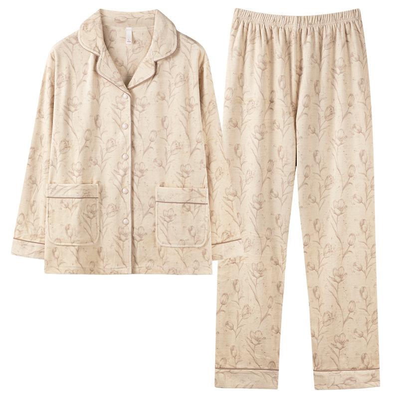 Pajamas Women Spring And Autumn Island Fleece Middle-Aged Mother Coral Fleece Thickened Autumn And Winter Loungewear Set