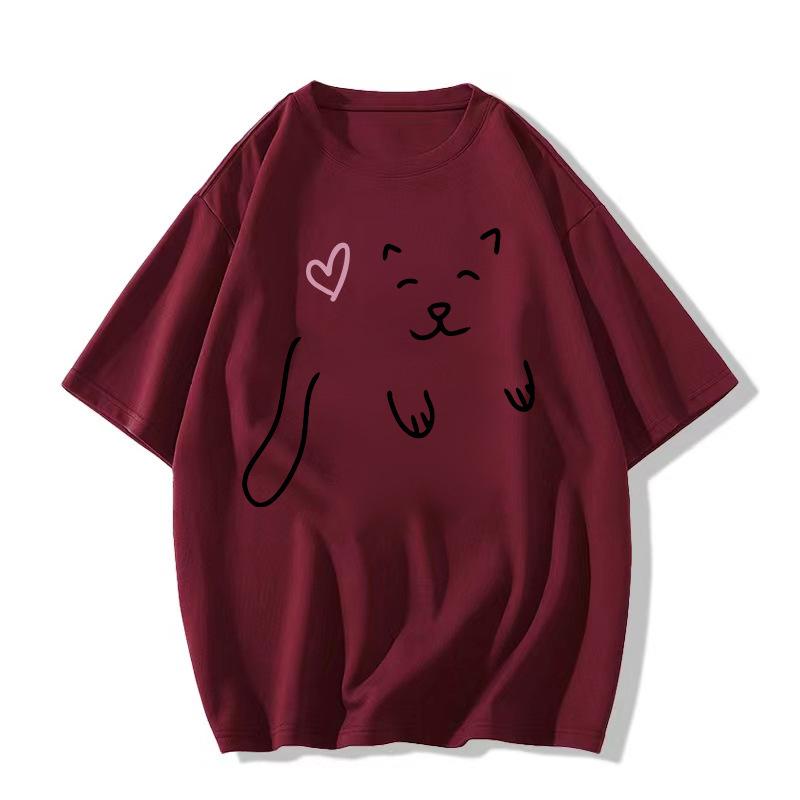 

Женская белая футболка из чистого хлопка с коротким рукавом - Американский нишевый дизайн, Коллекция Лето 2025 M вино красного