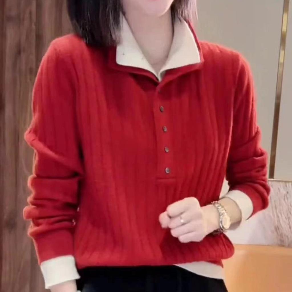 High Quality Knitted Shirt Women Casual Warm Color Blocking Fashion Autumn Winter Tops