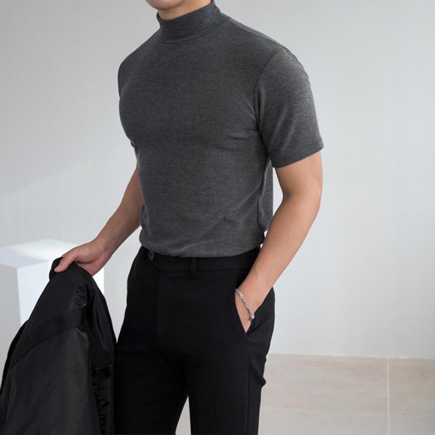 Herren Koreanisches Slim Fit Halbhoher Kragen Kurzarm Basisschicht T-Shirt