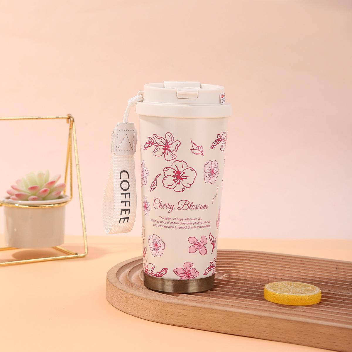 

Light Luxury 316 Stainless Steel Thermos Cup, High Value With Rope, Lily Of The Valley Coffee Cup, Portable Double Drinking Straw Water Cup 500ml