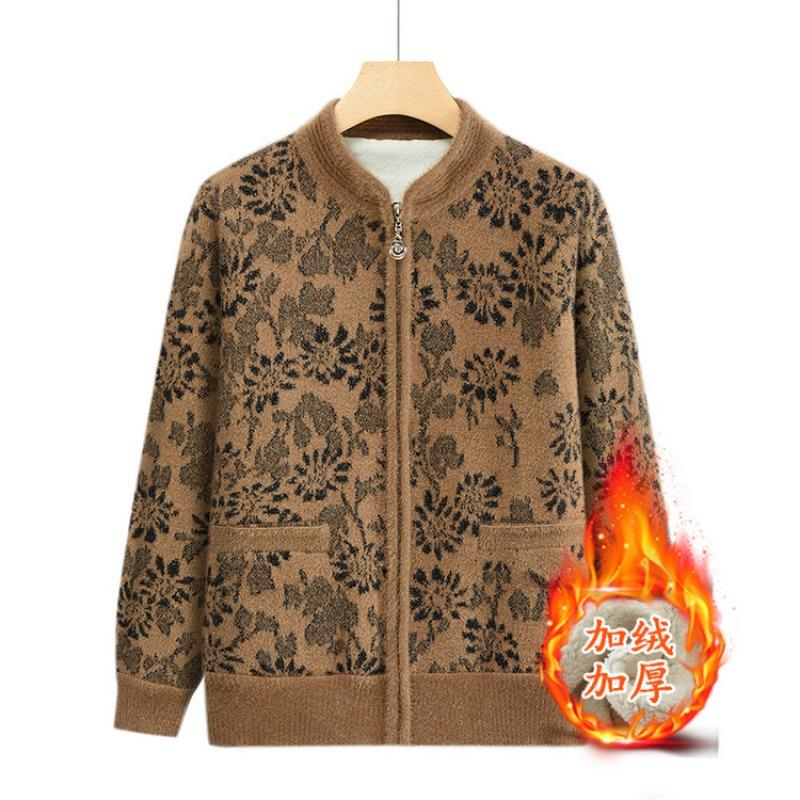 Middle-aged and Elderly Mothers Wear Spring and Autumn Knitted Cardigan Sweater Jacket Crew Neck Printed Top Loose Casual Women's Clothes