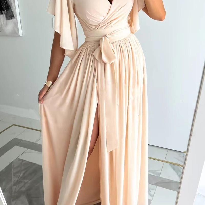 Women's V Neck Maxi Dress Short Sleeve Wrap Front High Slit Elegant Party Dress