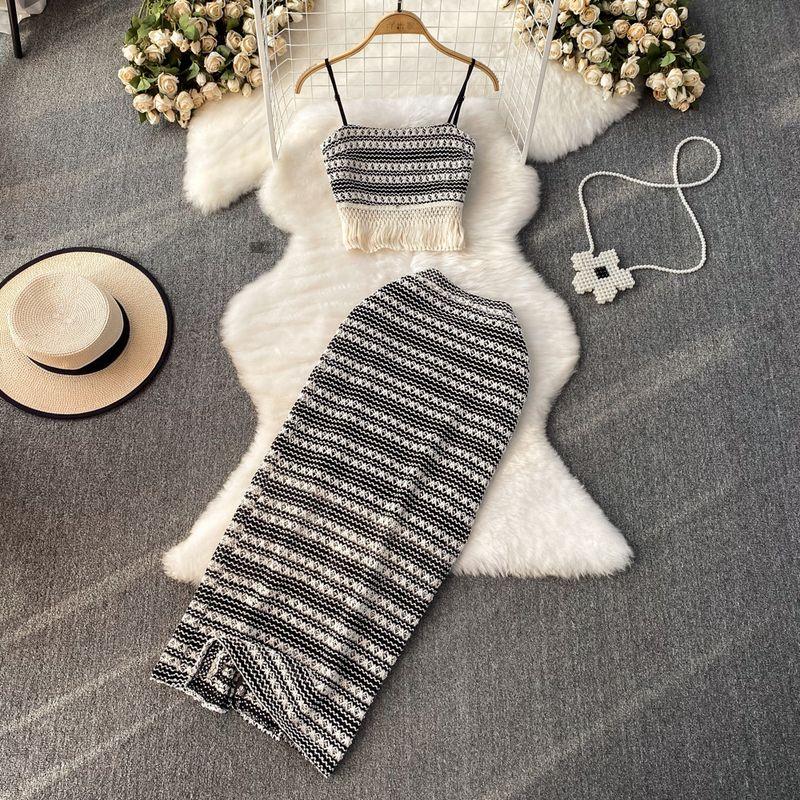 

Fringe Tube Top High Waist Skirt Fashion Suit Black S