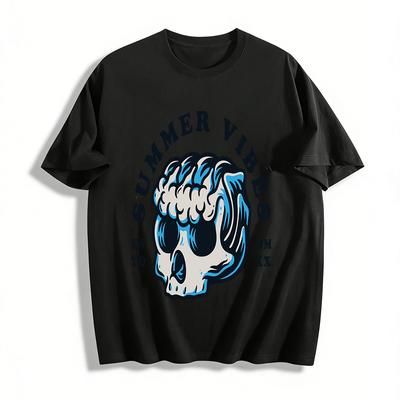 Summer Vibes Wave Skull Graphic Tee Retro Casual Summer Short Sleeve Pure Cotton T-shirt