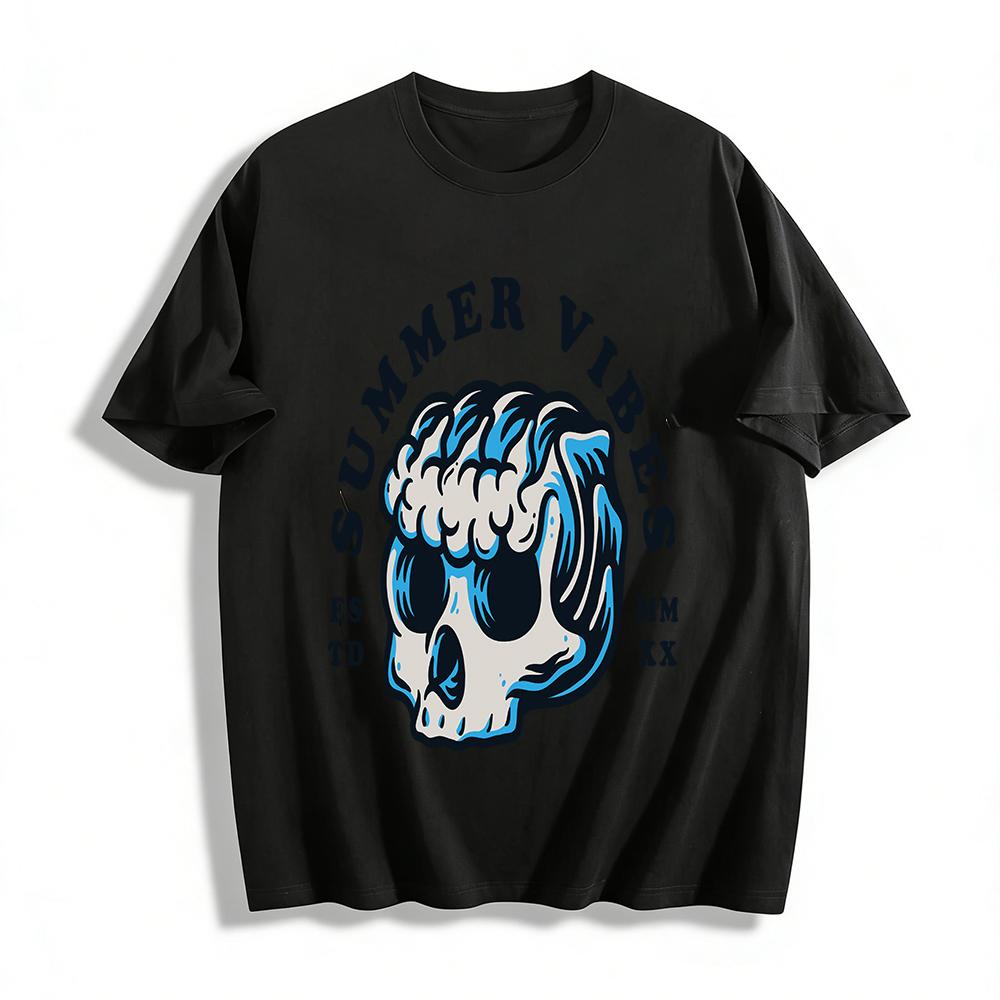Summer Vibes Wave Skull Graphic Tee Retro Casual Summer Short Sleeve Pure cotton T-shirt XXS