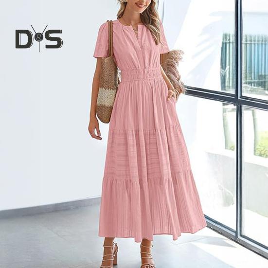 Women's Summer Maxi Dress Casual V-Neck Short Sleeve Tiered Flowy Dress Smocked Waist Pleated Long Dress