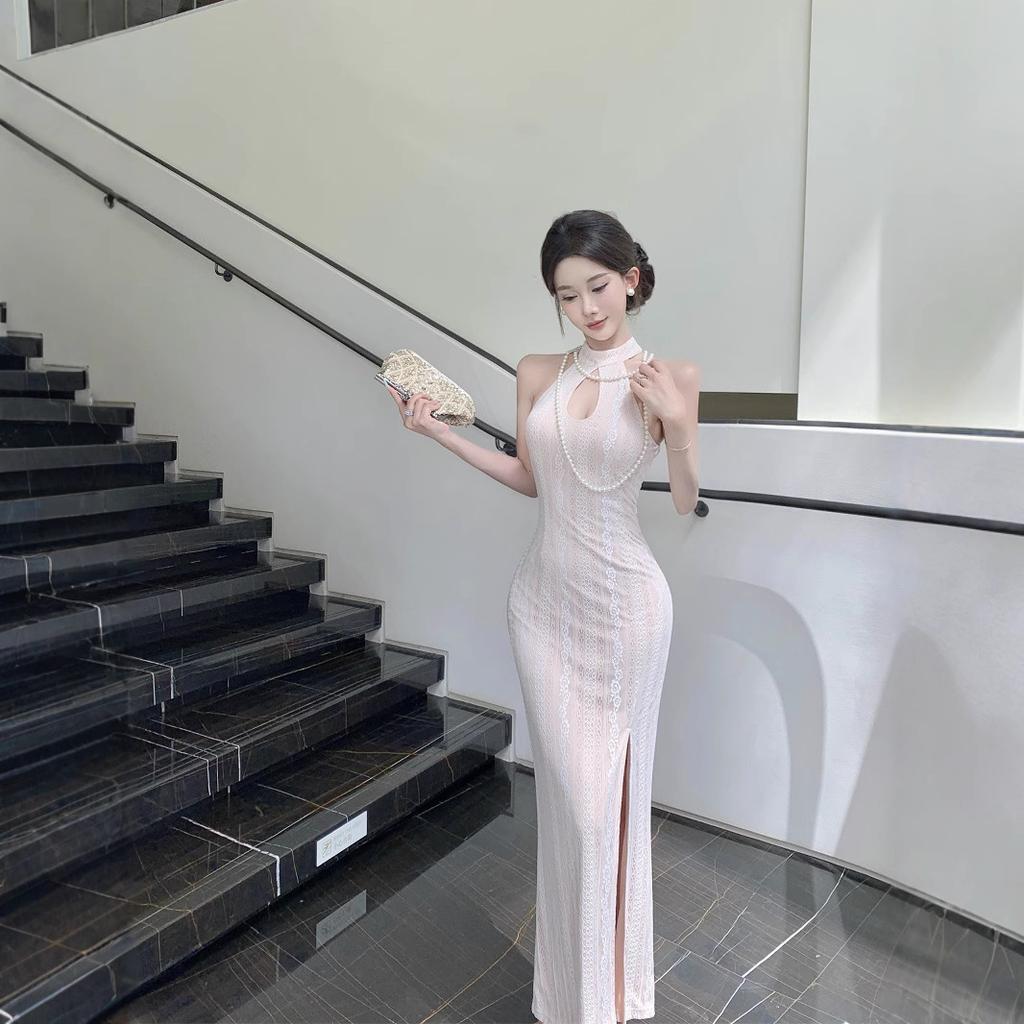 New Chinese-style Improved Cheongsam Summer New Lace Sexy Waist Thin Neck Long Small Dress Women