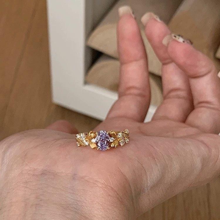 Gold Medieval Brushed Bead Edge Ring Women'S Lamp Luxury High-End Sense Niche Bauhinia Gypsy Exquisite Open Ring