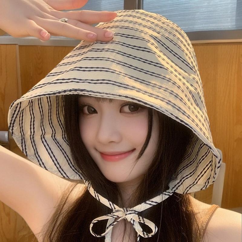 Women'S Wide-Brimmed Foldable Bucket Hat With Drawstring Korean Style Striped Panama Outdoor Hiking Hat Sun Protection Hat