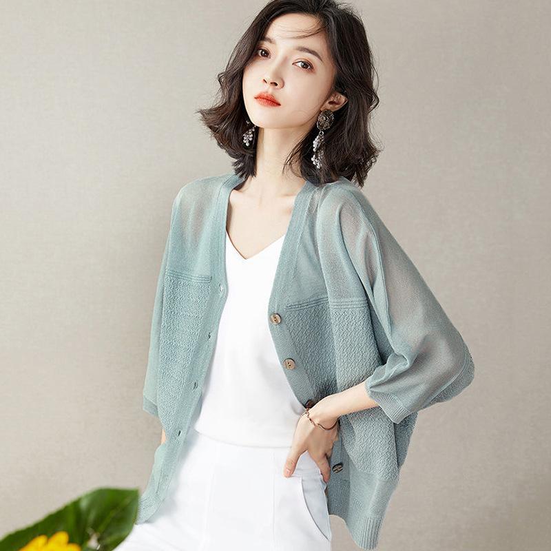 Women V Neck Patchwork Knit Cardigan 3/4 Batwing Sleeve Thin Open Front Sun Protection Casual Knitted Outerwear