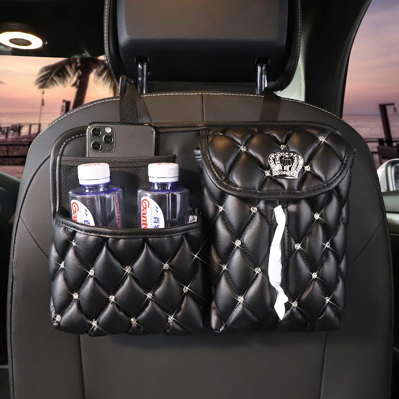 High Quality Rhinestone Puff Leather Car Storage Bag Multifunction Crown Auto Interior Seat Back Organizer Tissue Holder Pocket