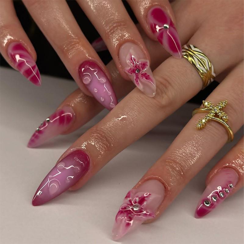 3D Starfish Rhinestone Almond Nails - 30 Piece Handmade Set Box Package (Jelly Glue + Nail File)