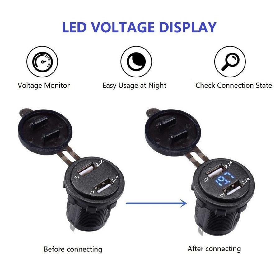 Waterproof Dual USB Charger Socket & Voltmeter for 12-24V Car Truck Motorcycle