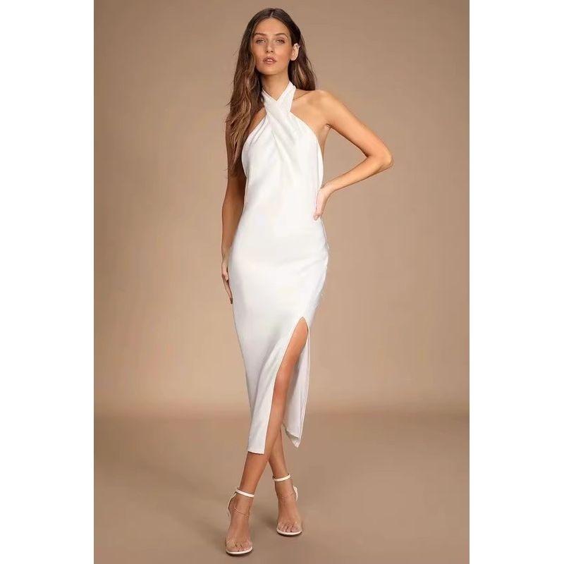 Foreign Trade Order Lu's Home Texture High Quality Fairy White Kink Design Hanging Neck Temperament Sexy Big Backless Dress