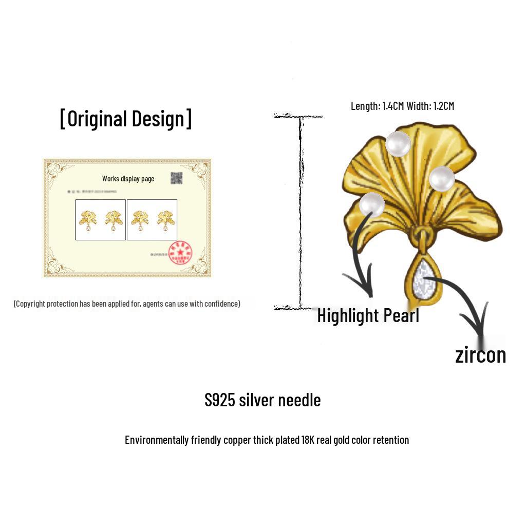 18k Vergoldete Ginkgoblatt Zirkon Ohrstecker - Eleganter Französischer Retro-Stil für Damen