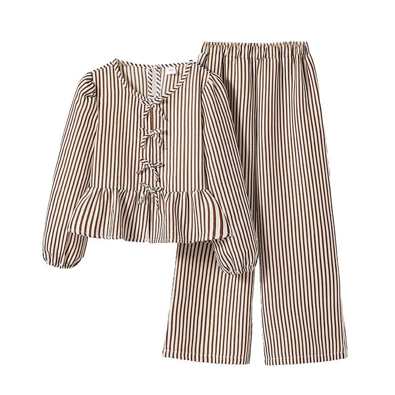 Girls' Fashion Set - Summer Children's Casual Bow-Tie Striped Long-Sleeved Wide-Fit Pants Set