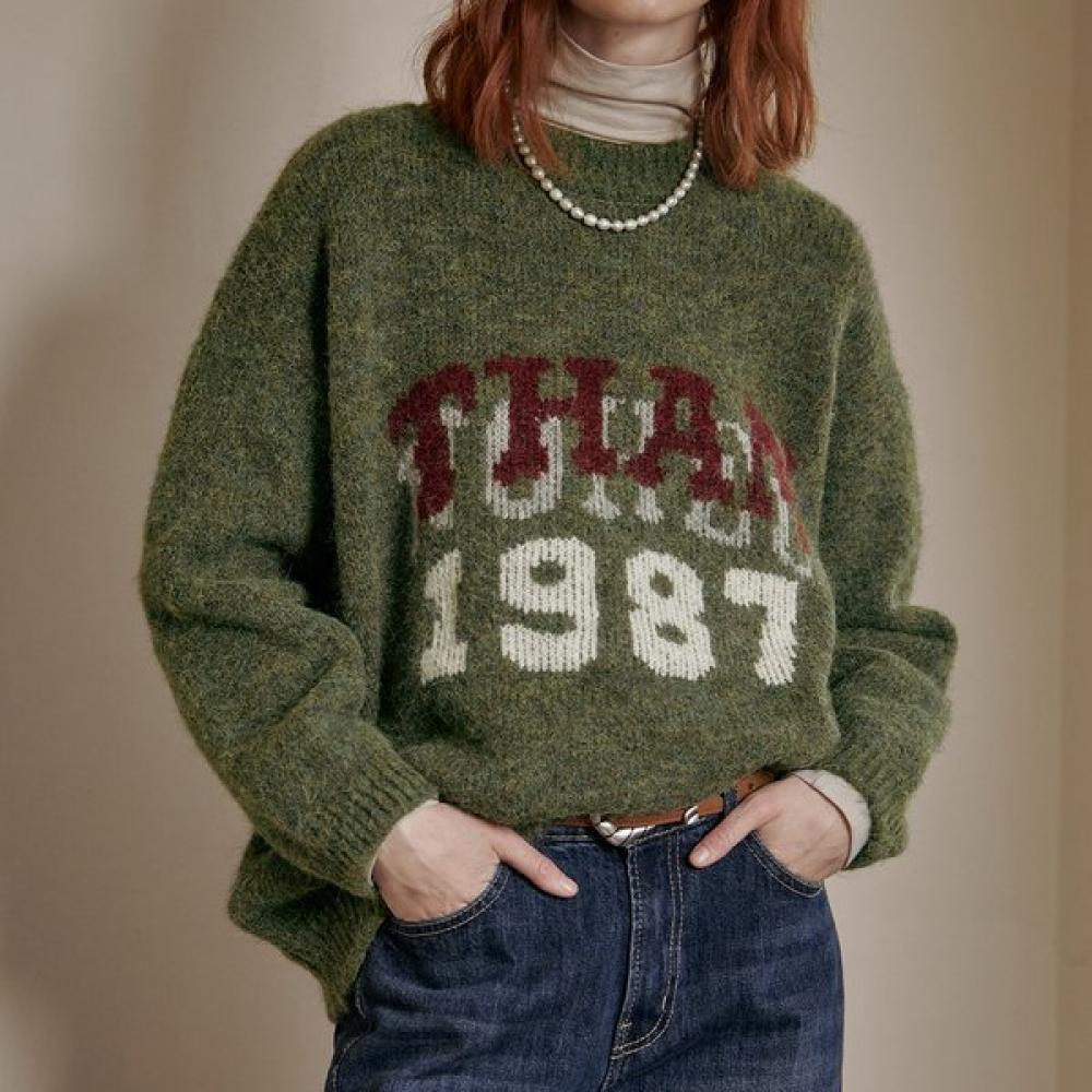 MAXZA Вязаный свитер с надписью, смесовая шерсть, свободный крой, круглый вырез Khaki/FREE