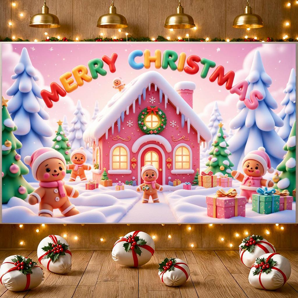 Merry Christmas Banner Decorative Gingerbread House Banner Holiday Banner Christmas Tree Pattern For Christmas Party Holiday