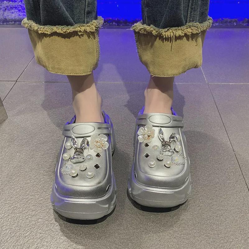 Women's Summer EVA Crystal Love Detachable Closed-Toe Sandals - Thick, Non-Slip, Soft Bottom, Ideal for Beach Wear.