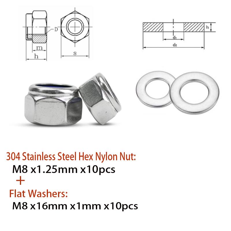 5-25pcs M2-M4 304 Stainless Steel Hex Nylon Insert Lock Nut Self-locking Locknut Locknut Whit M2-M4 Flat Washers