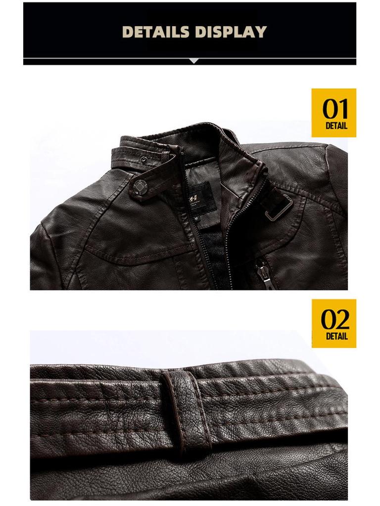 Herren Europäische & Amerikanische Slim Fit PU-Leder Motorradjacke mit Stehkragen und Plüschfutter