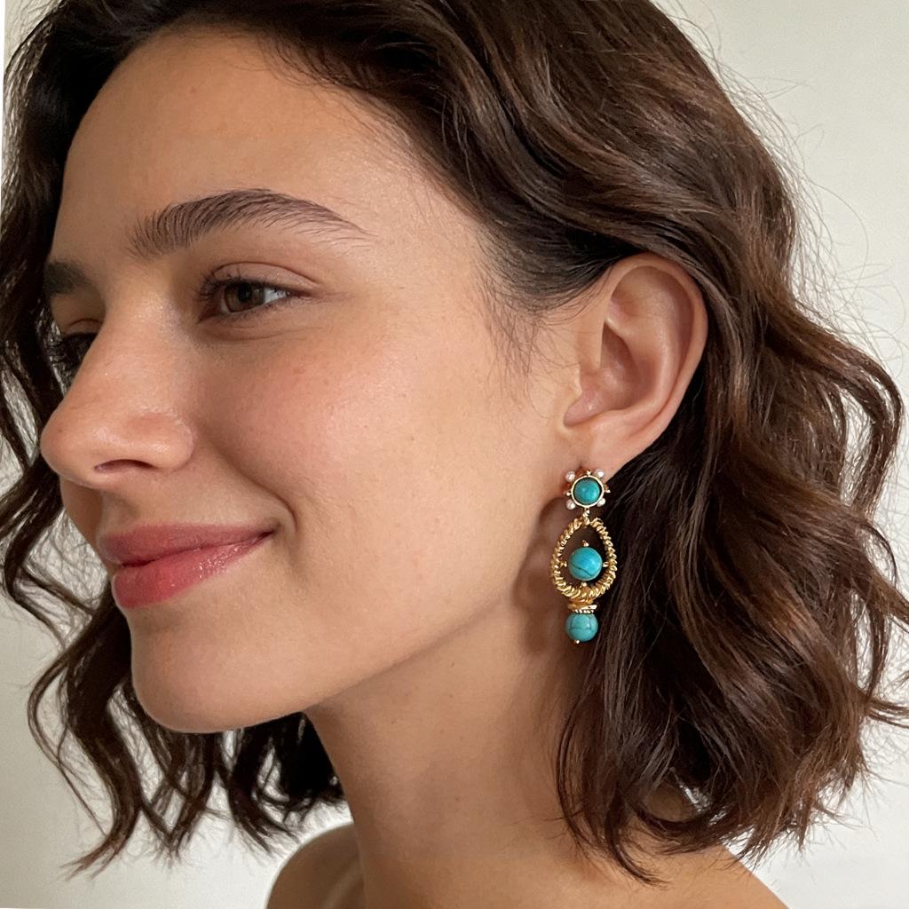 Geometrische Türkis-Perlen-Silbernadel-Ohrringe im Vintage-Stil - Retro High-End Luxus