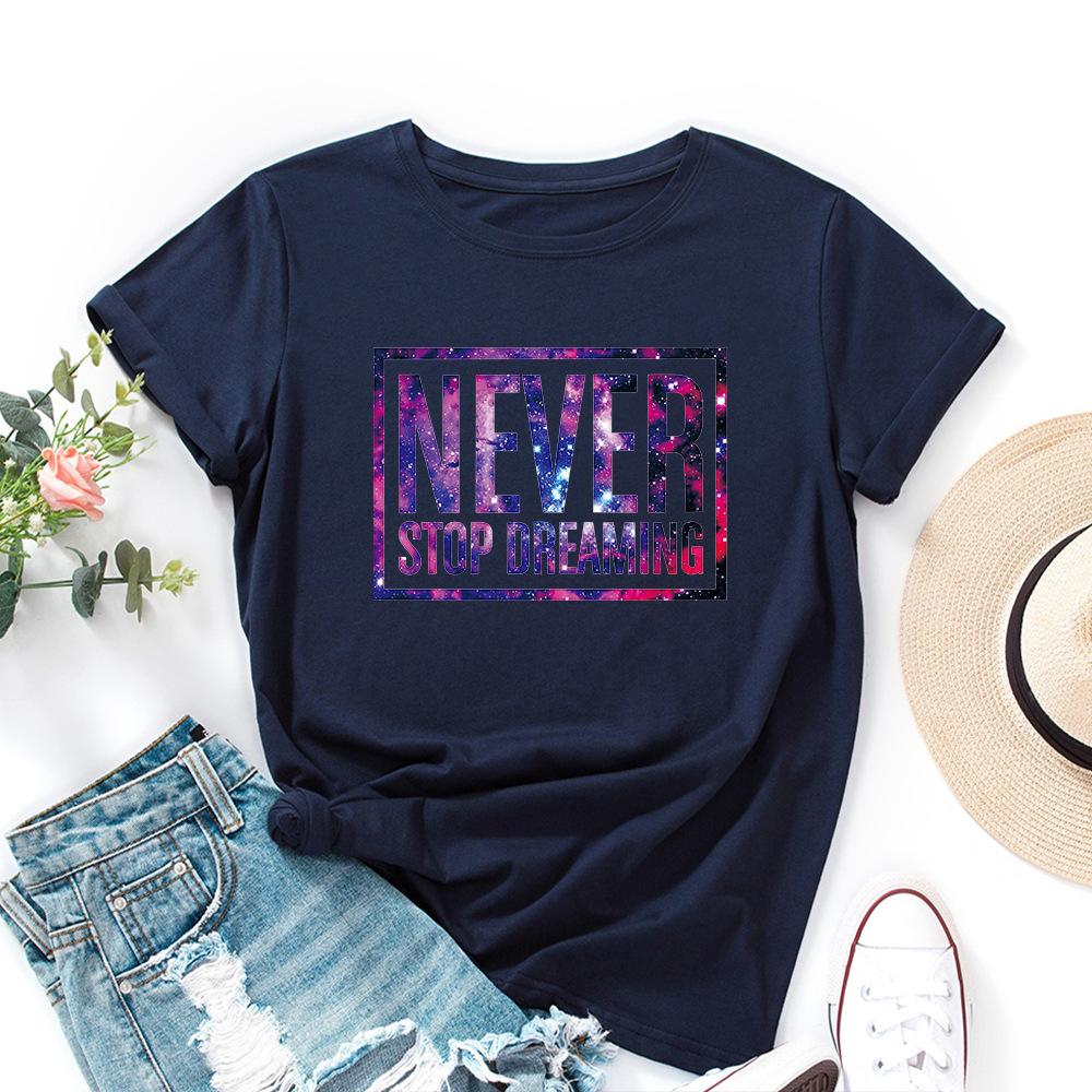 Inspirational Letter Print Cotton Loose Round Neck Short Sleeved Women's T-shirts