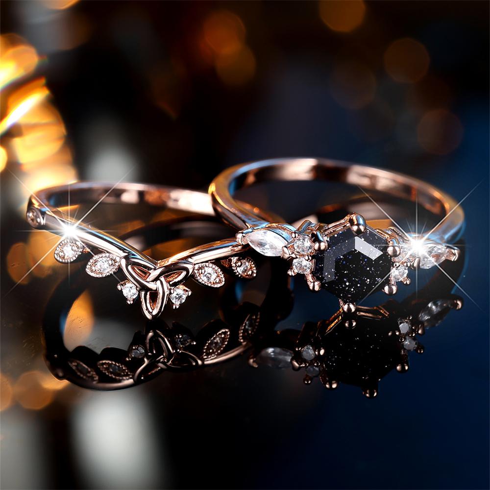 S/set Luxury Crystal Hexagon Stone Engagement Promise Ring Sets For Women Rose Gold Color White Zircon Flower Wedding Jewelry