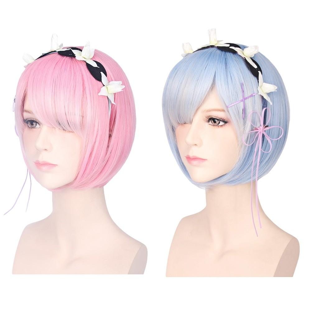 Premium Women Short Ram Rem Cosplay Wig With Stylish Adornment And Heat Resistant Synthetic Bob Hair