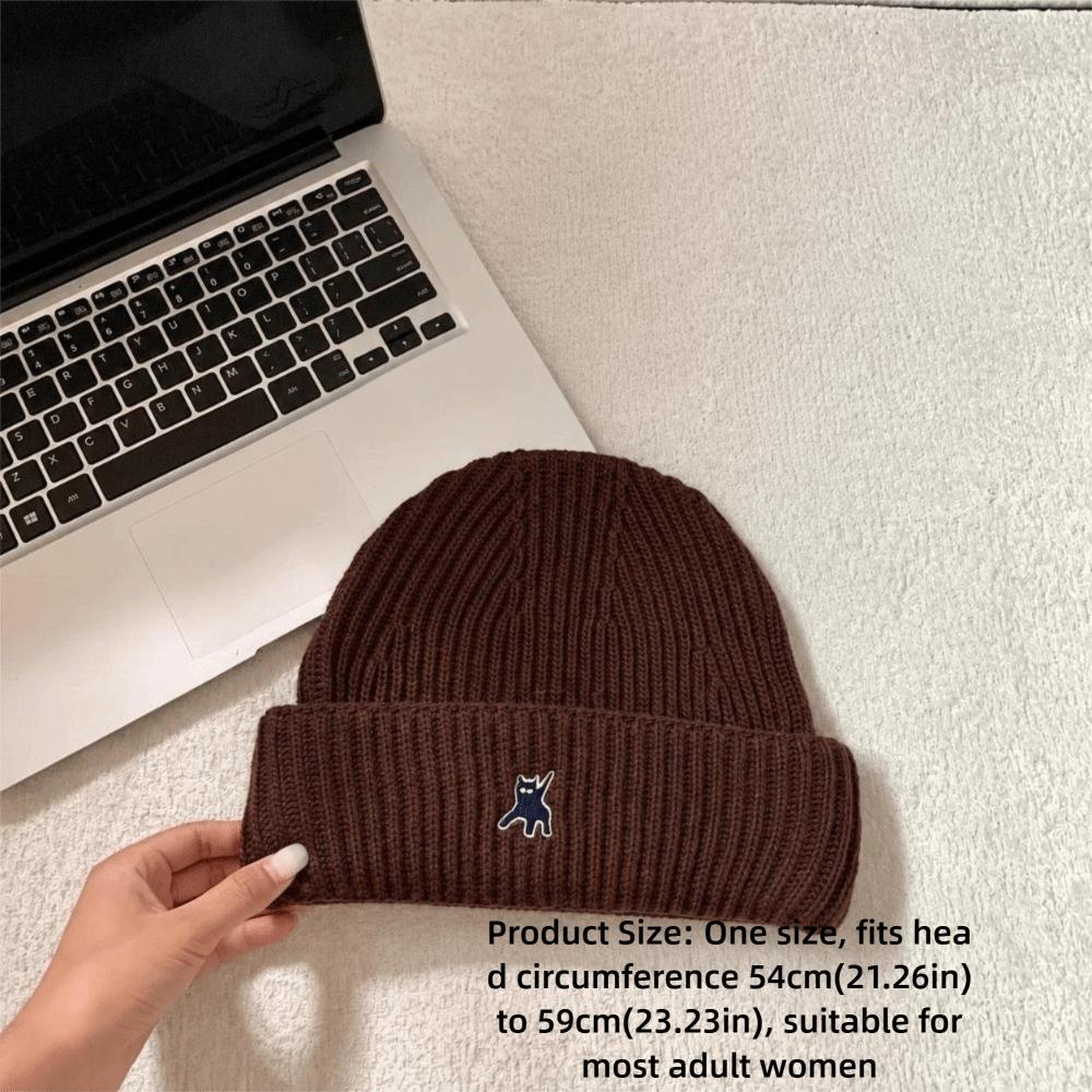 Polyester Knitted Beanie Hat Warm Lining Winter Ear Protection Hat Cat Embroidery Beanie  For Women