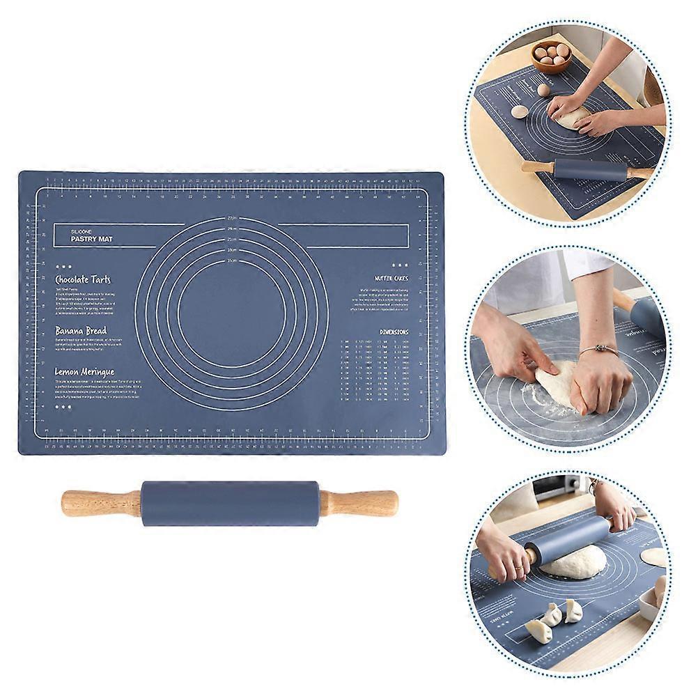 Kitchen Silicone Dough Baking Mat and Wooden Rolling Pin Set 1Set