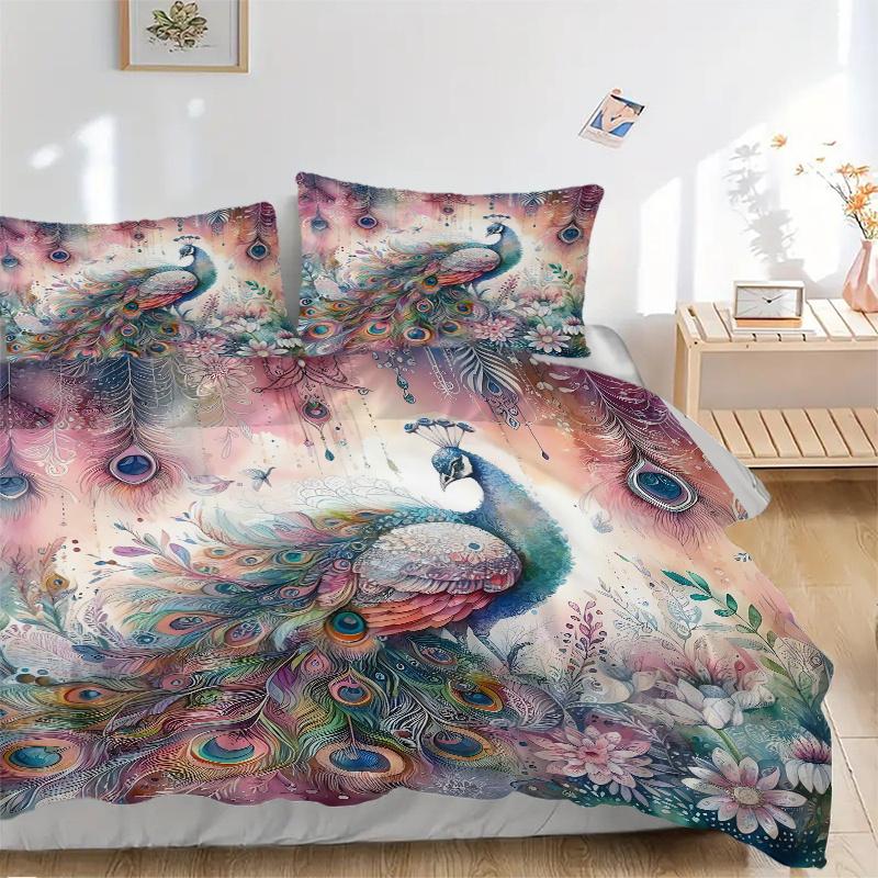 3pcs Peacock & Flowers Printed Quilt Set - Includes 1 Quilt Cover and