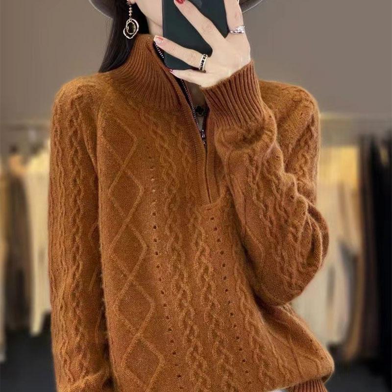 Autumn-Winter High Neck Women's Zipper Pullover Sweater - Loose Knit Long Sleeve Top