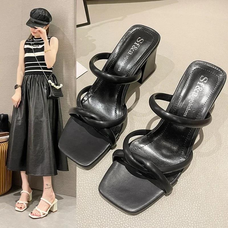 Fashion New Summer Fashion Versatile Women's Slippers Wear Outside Womens High Heels Retro Thick Heel Female Pumps