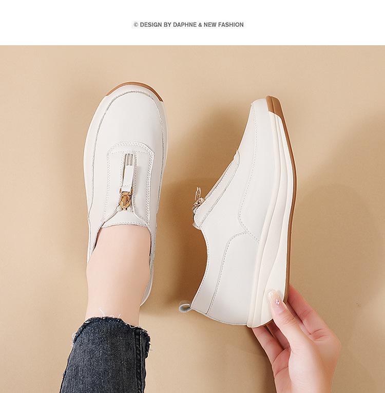 Pantofi sport pentru femei, primăvara 2025: Design cu fermoar gol, vârf din piele naturală, mărime mare, talpă groasă, stil de mamă.