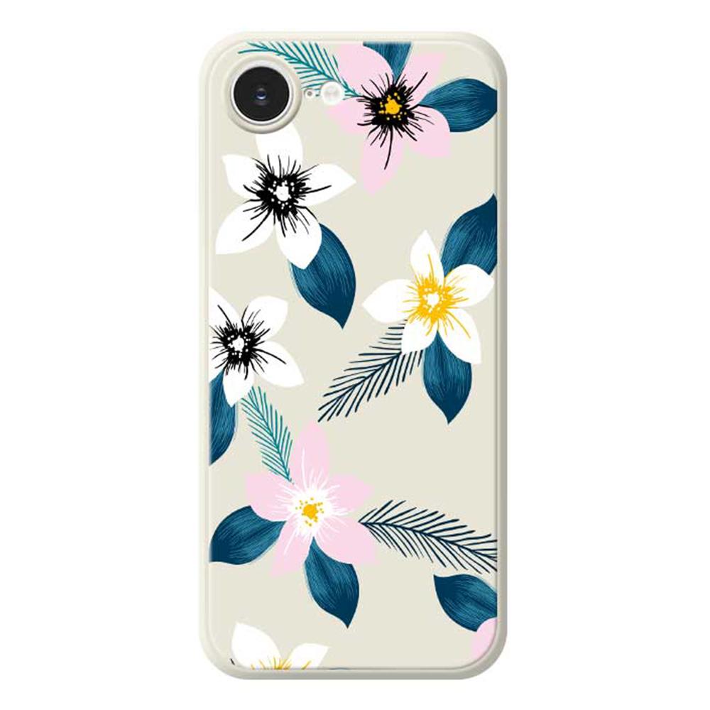 

For iPhone 16e Case Pink White Flowers Blue Leaves Pattern Printing Straight Edge TPU Phone Back Cover Beige