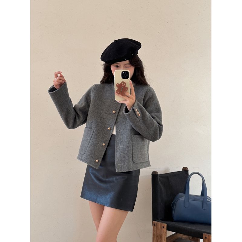 

2025 Early Spring French style Graceful round Neck Double-sided Cashmere coat Women Short Small High-Grade Sense Fleece Outerwear Gray S [45.00 kg-60.00 kg]]