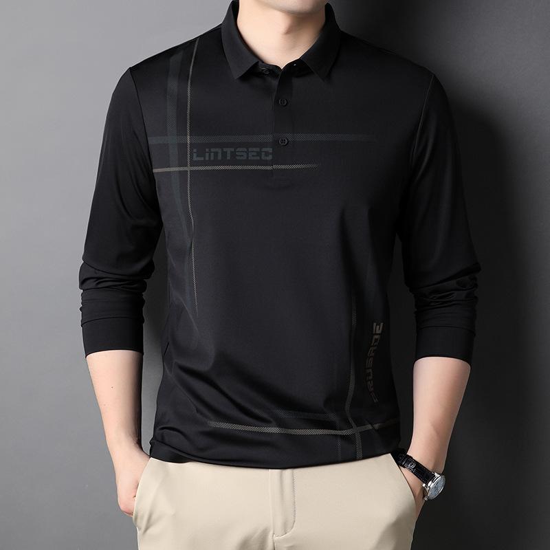 

Autumn New Men s T-shirt Long Sleeve Slim-Fit Korean-Style Young and Middle-Aged Men s T-shirt Polo Collar Stripes Long-Sleeved Bottoming Shirt Men XXXL